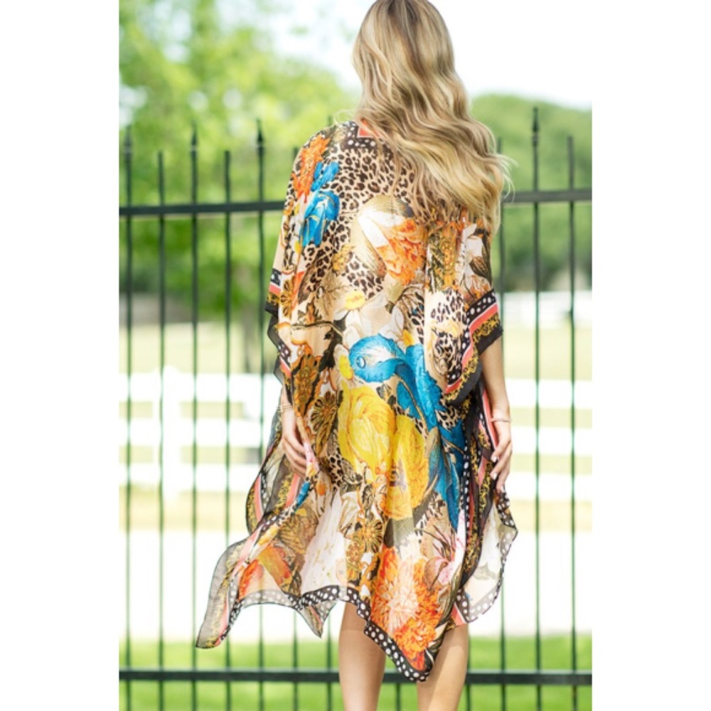 SOLD OUT Milan Colorful Leopard Animal Print & Floral Border Kimono Wrap Coverup - Picture 9 of 15